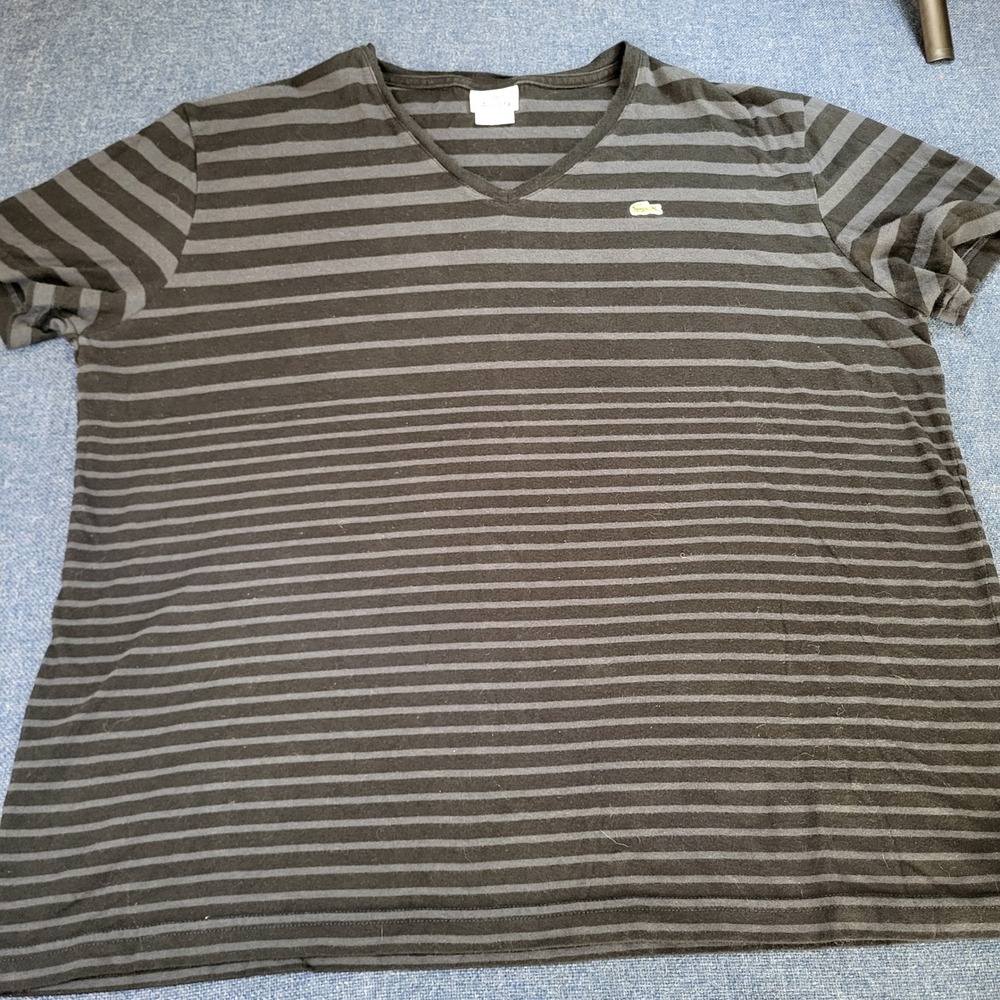 Lacoste Mens Striped V-Neck T-Shirt Black Grey Cotton Short Sleeve Size 8 2XL